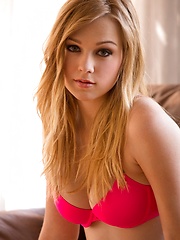 Alaina Fox - slides off her pink bra and panties
